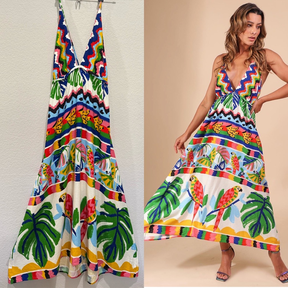 FARM Rio Tropical Print Maxi Dress Small Colorful Birds V Neck Backless Linen